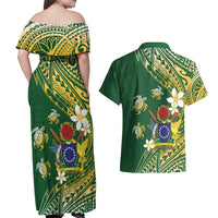 Cook Islands 15 Finest Couples Matching Off Shoulder Maxi Dress and Hawaiian Shirt Plumeria Polynesian Turtle