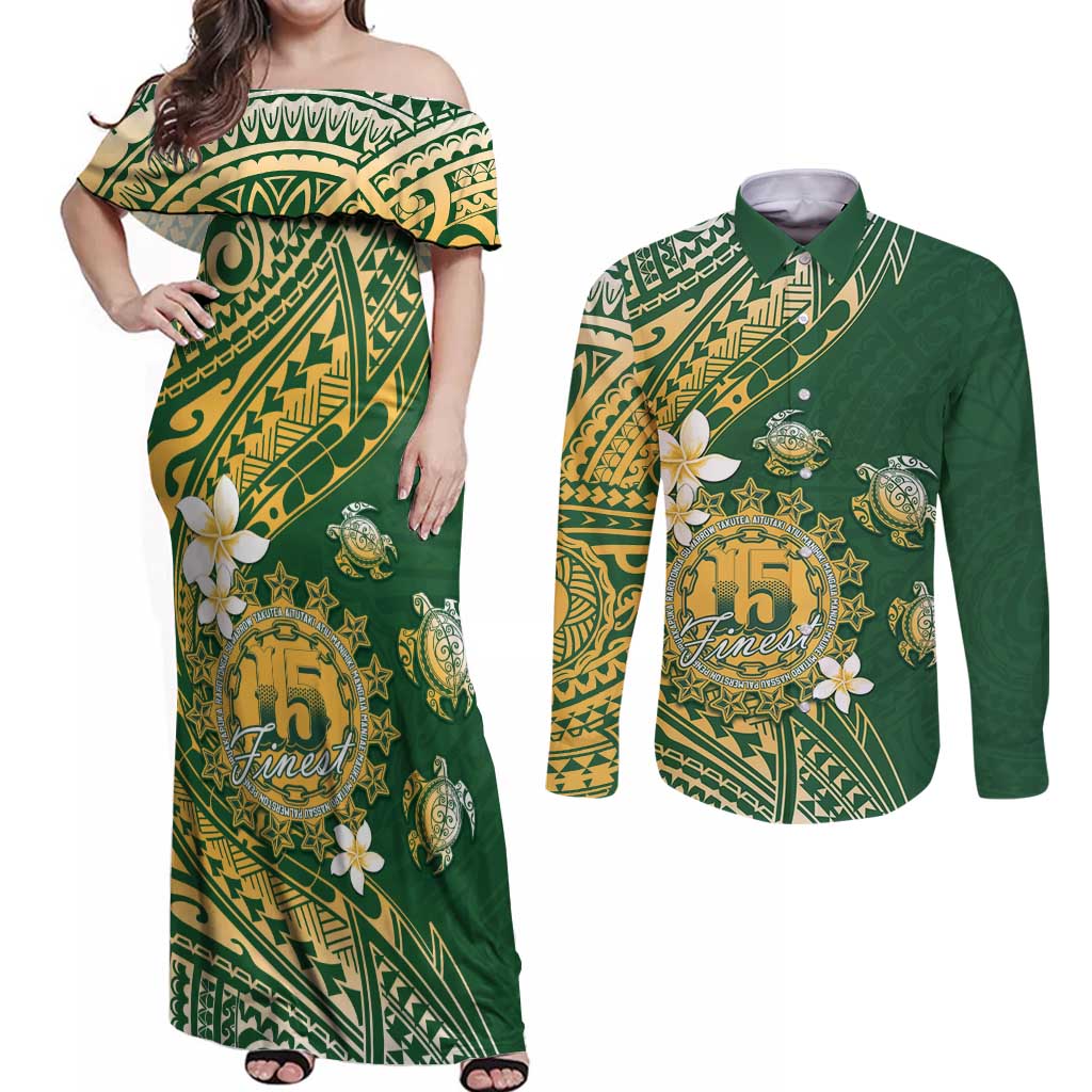 Cook Islands 15 Finest Couples Matching Off Shoulder Maxi Dress and Long Sleeve Button Shirt Plumeria Polynesian Turtle