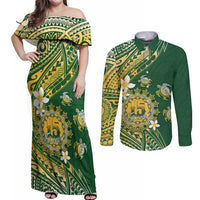 Cook Islands 15 Finest Couples Matching Off Shoulder Maxi Dress and Long Sleeve Button Shirt Plumeria Polynesian Turtle