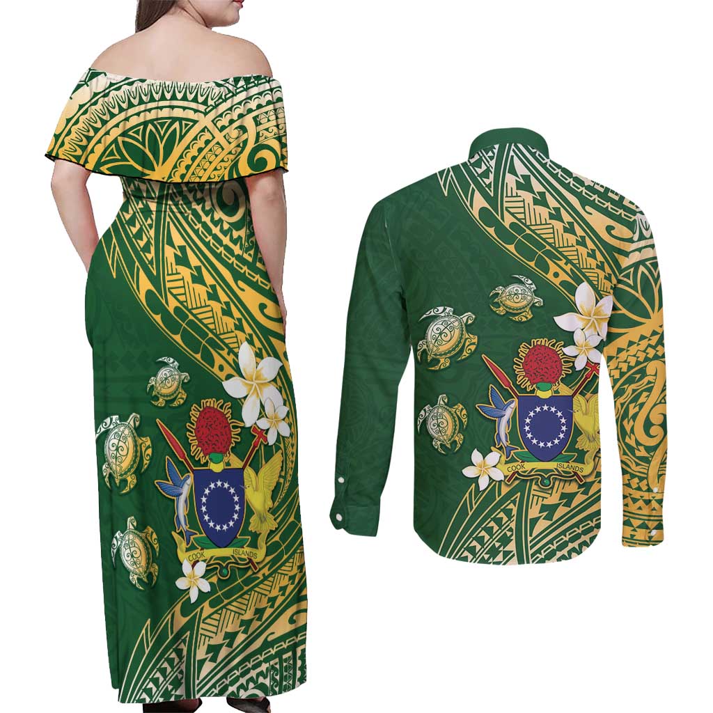 Cook Islands 15 Finest Couples Matching Off Shoulder Maxi Dress and Long Sleeve Button Shirt Plumeria Polynesian Turtle