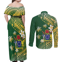 Cook Islands 15 Finest Couples Matching Off Shoulder Maxi Dress and Long Sleeve Button Shirt Plumeria Polynesian Turtle