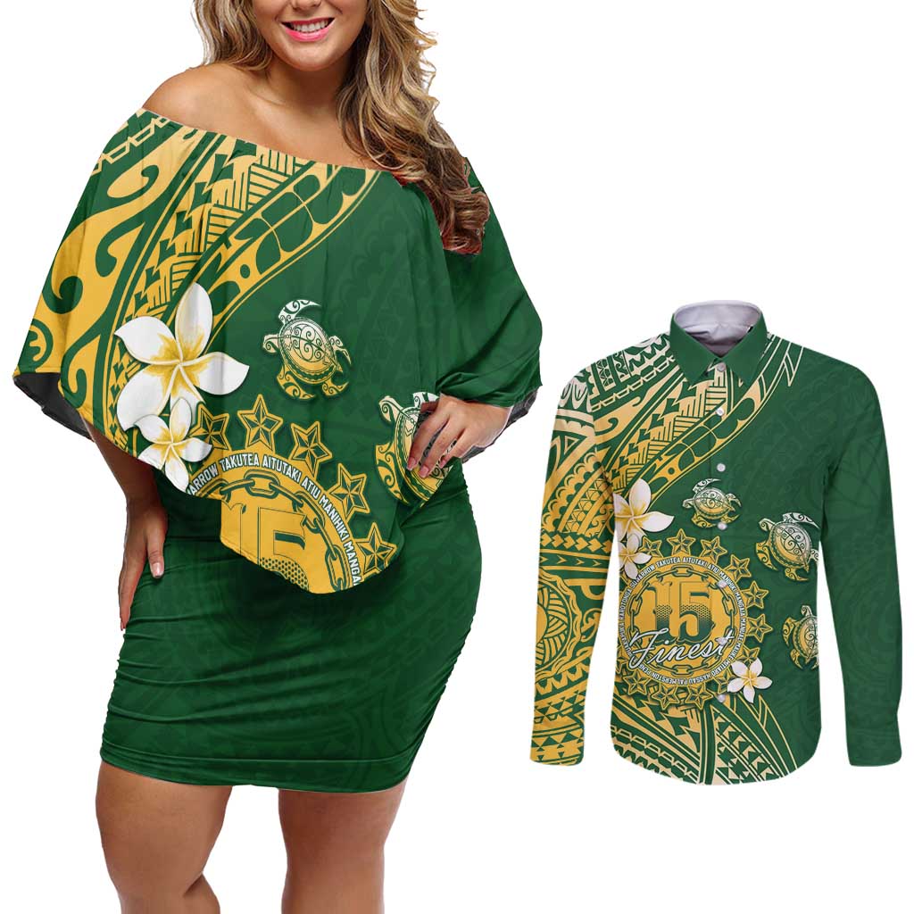 Cook Islands 15 Finest Couples Matching Off Shoulder Short Dress and Long Sleeve Button Shirt Plumeria Polynesian Turtle