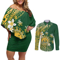 Cook Islands 15 Finest Couples Matching Off Shoulder Short Dress and Long Sleeve Button Shirt Plumeria Polynesian Turtle