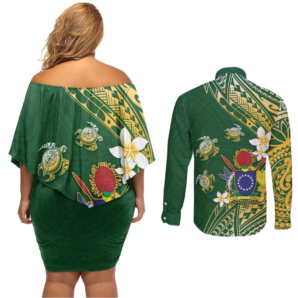 Cook Islands 15 Finest Couples Matching Off Shoulder Short Dress and Long Sleeve Button Shirt Plumeria Polynesian Turtle