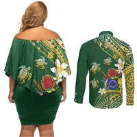 Cook Islands 15 Finest Couples Matching Off Shoulder Short Dress and Long Sleeve Button Shirt Plumeria Polynesian Turtle