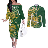 Cook Islands 15 Finest Couples Matching Off The Shoulder Long Sleeve Dress and Long Sleeve Button Shirt Plumeria Polynesian Turtle
