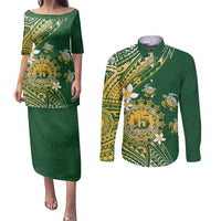 Cook Islands 15 Finest Couples Matching Puletasi and Long Sleeve Button Shirt Plumeria Polynesian Turtle