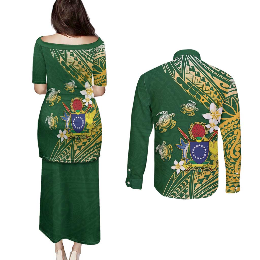 Cook Islands 15 Finest Couples Matching Puletasi and Long Sleeve Button Shirt Plumeria Polynesian Turtle