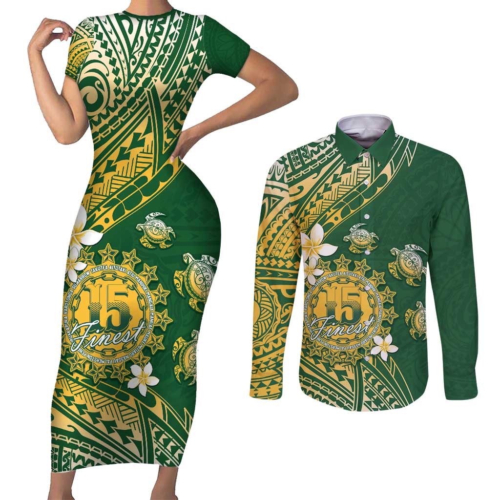 Cook Islands 15 Finest Couples Matching Short Sleeve Bodycon Dress and Long Sleeve Button Shirt Plumeria Polynesian Turtle