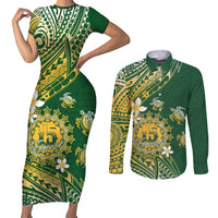 Cook Islands 15 Finest Couples Matching Short Sleeve Bodycon Dress and Long Sleeve Button Shirt Plumeria Polynesian Turtle