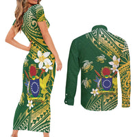 Cook Islands 15 Finest Couples Matching Short Sleeve Bodycon Dress and Long Sleeve Button Shirt Plumeria Polynesian Turtle