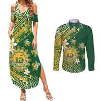 Cook Islands 15 Finest Couples Matching Summer Maxi Dress and Long Sleeve Button Shirt Plumeria Polynesian Turtle
