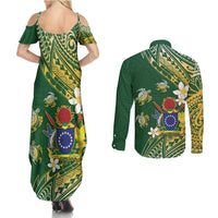 Cook Islands 15 Finest Couples Matching Summer Maxi Dress and Long Sleeve Button Shirt Plumeria Polynesian Turtle