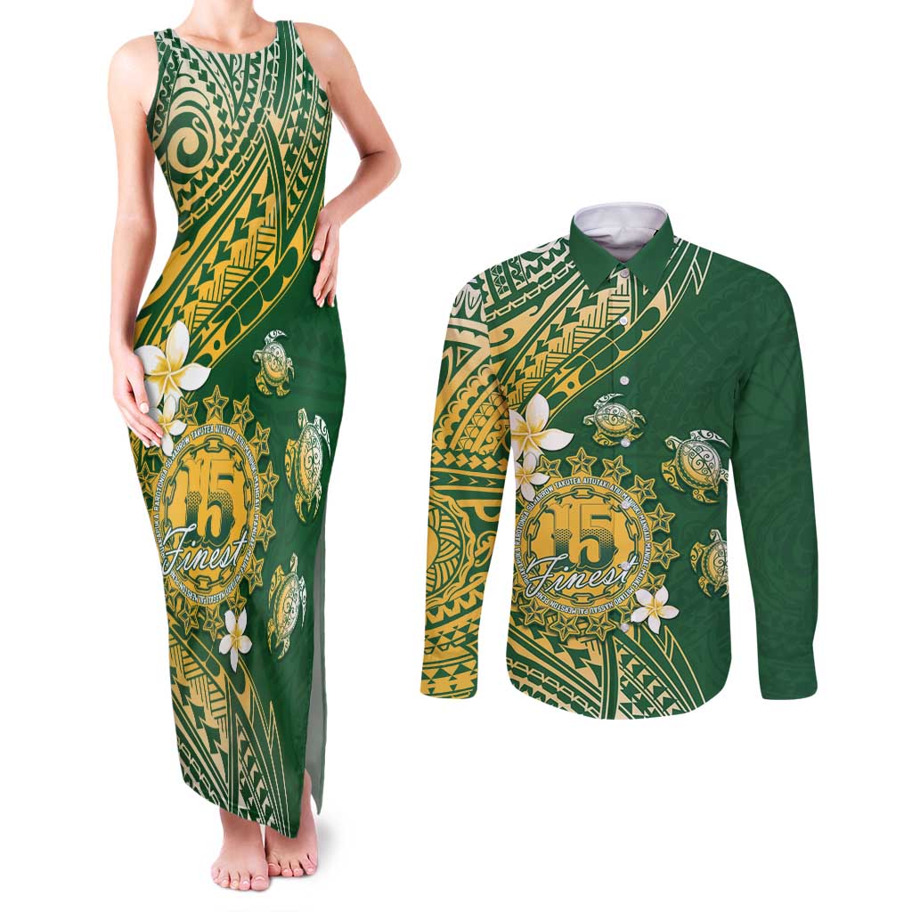 Cook Islands 15 Finest Couples Matching Tank Maxi Dress and Long Sleeve Button Shirt Plumeria Polynesian Turtle