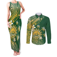 Cook Islands 15 Finest Couples Matching Tank Maxi Dress and Long Sleeve Button Shirt Plumeria Polynesian Turtle