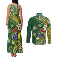 Cook Islands 15 Finest Couples Matching Tank Maxi Dress and Long Sleeve Button Shirt Plumeria Polynesian Turtle