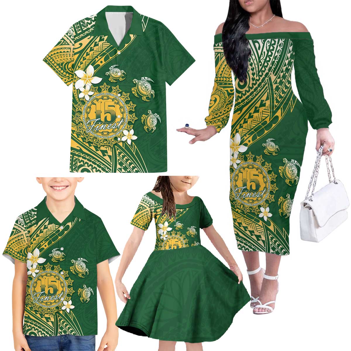 Cook Islands 15 Finest Family Matching Off The Shoulder Long Sleeve Dress and Hawaiian Shirt Plumeria Polynesian Turtle
