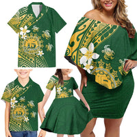 Cook Islands 15 Finest Family Matching Off Shoulder Short Dress and Hawaiian Shirt Plumeria Polynesian Turtle