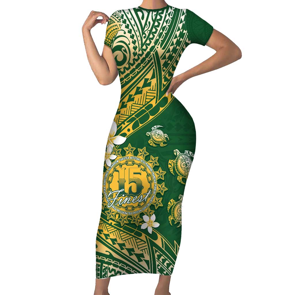 Cook Islands 15 Finest Family Matching Short Sleeve Bodycon Dress and Hawaiian Shirt Plumeria Polynesian Turtle
