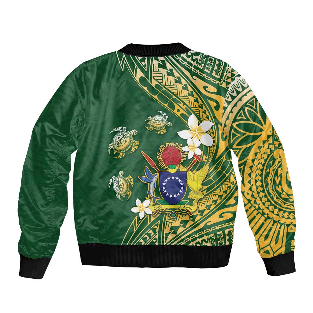 Cook Islands 15 Finest Sleeve Zip Bomber Jacket Plumeria Polynesian Turtle