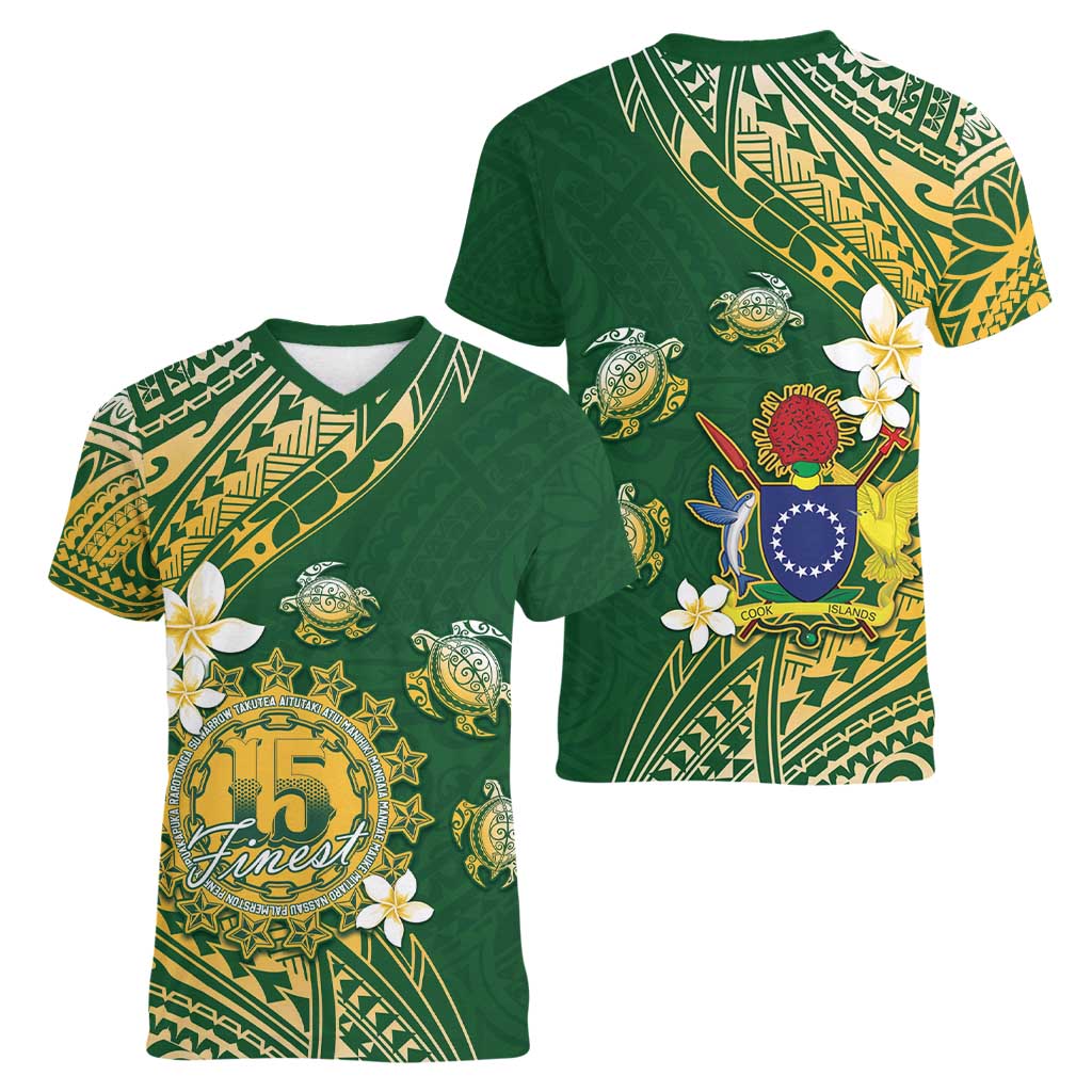 Cook Islands 15 Finest Women V-Neck T-Shirt Plumeria Polynesian Turtle