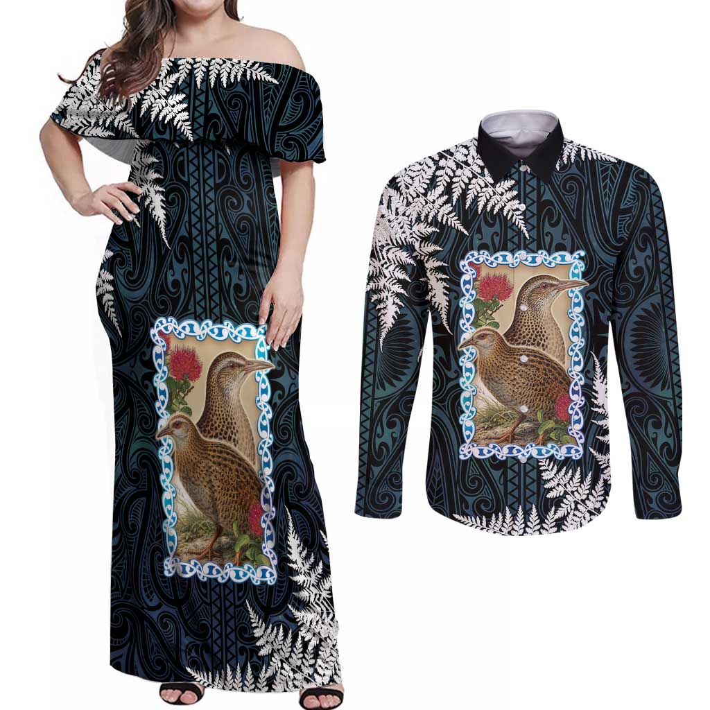 New Zealand Weka Couples Matching Off Shoulder Maxi Dress and Long Sleeve Button Shirt Maori Hen Koru Pattern - Polynesian Pride