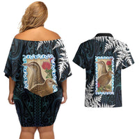 New Zealand Weka Couples Matching Off Shoulder Short Dress and Hawaiian Shirt Maori Hen Koru Pattern - Polynesian Pride