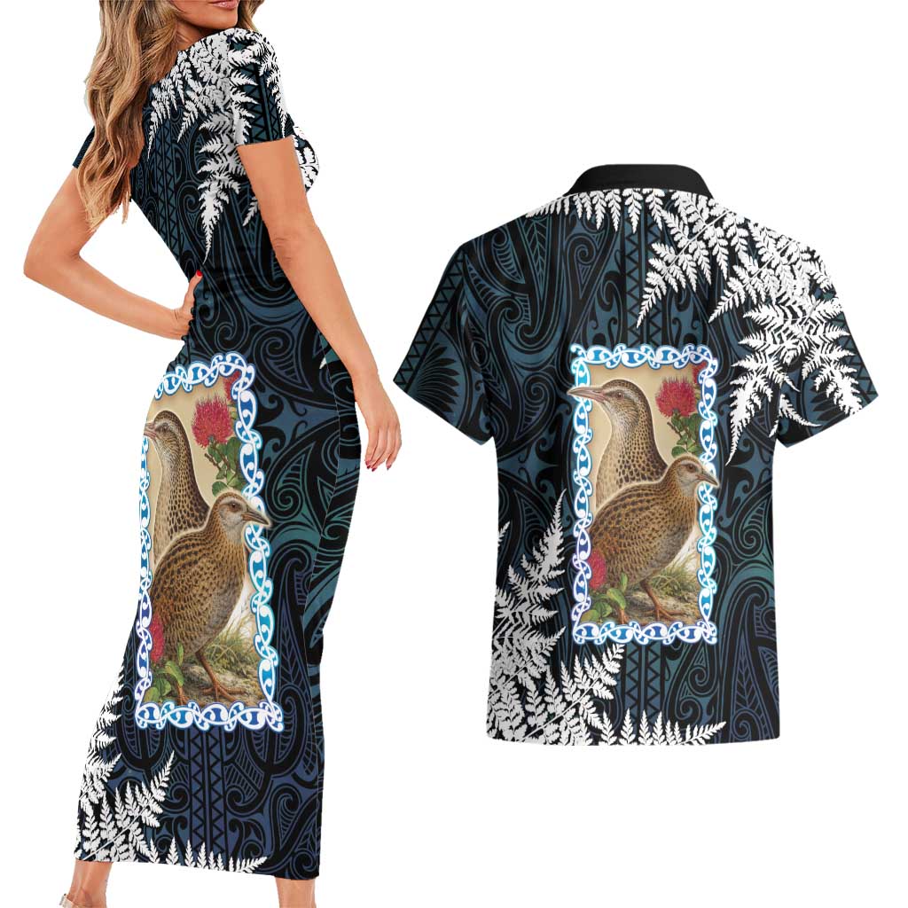 New Zealand Weka Couples Matching Short Sleeve Bodycon Dress and Hawaiian Shirt Maori Hen Koru Pattern - Polynesian Pride