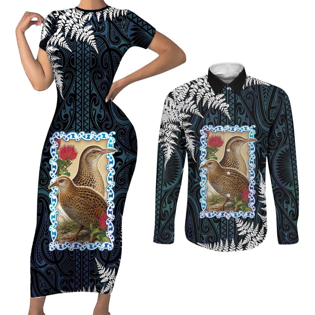 New Zealand Weka Couples Matching Short Sleeve Bodycon Dress and Long Sleeve Button Shirt Maori Hen Koru Pattern - Polynesian Pride