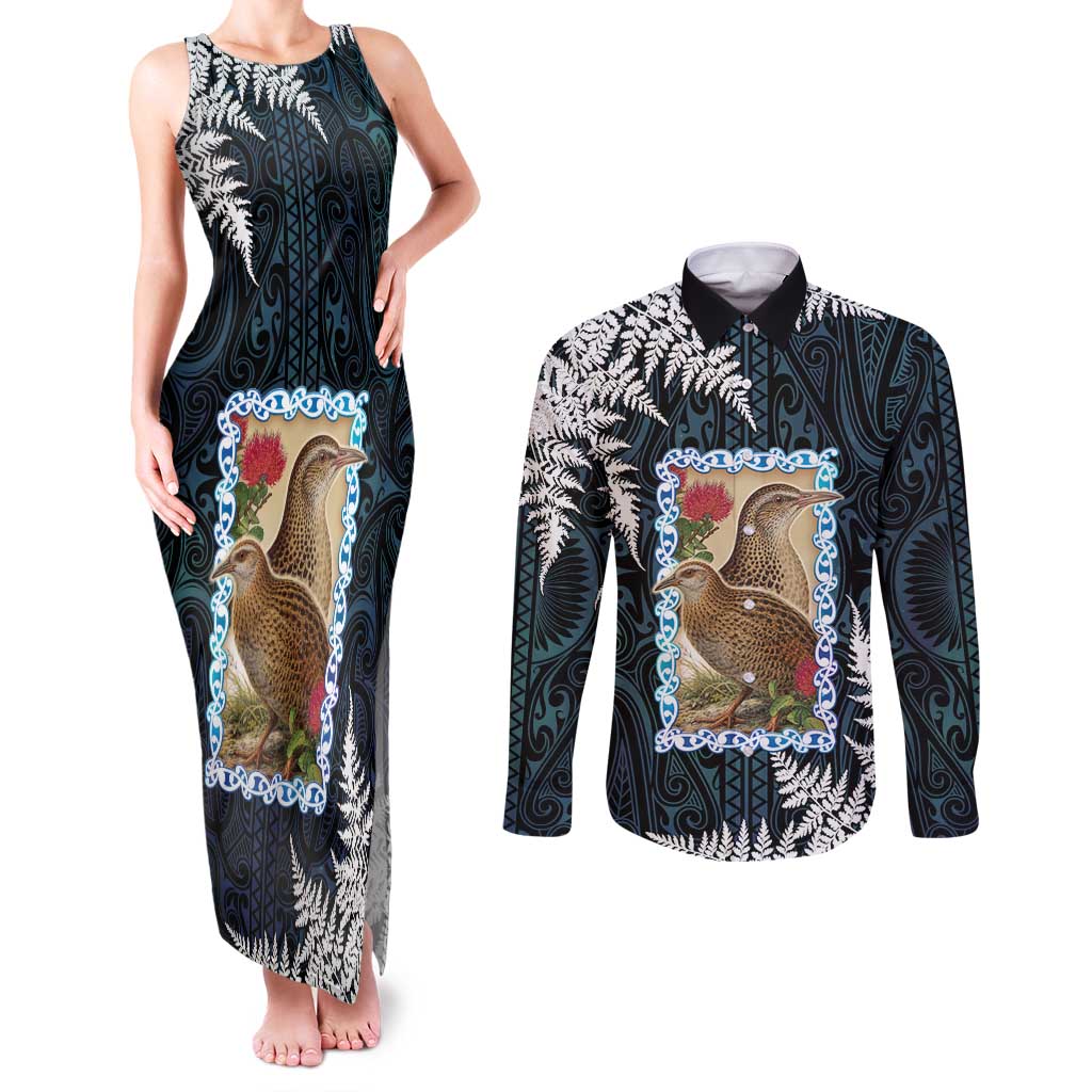 New Zealand Weka Couples Matching Tank Maxi Dress and Long Sleeve Button Shirt Maori Hen Koru Pattern - Polynesian Pride