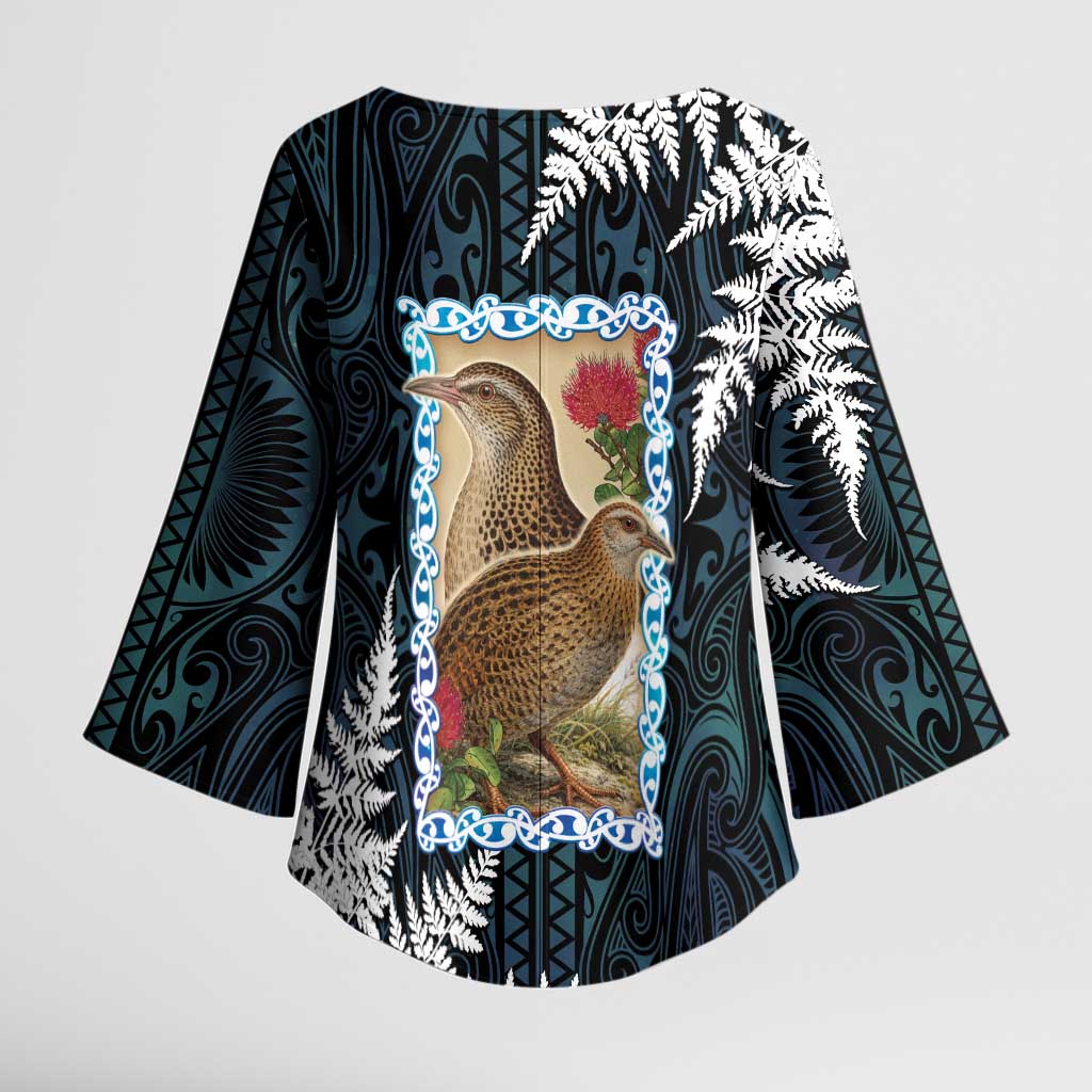New Zealand Weka Kimono Sleeve Blouse Maori Hen Koru Pattern - Polynesian Pride