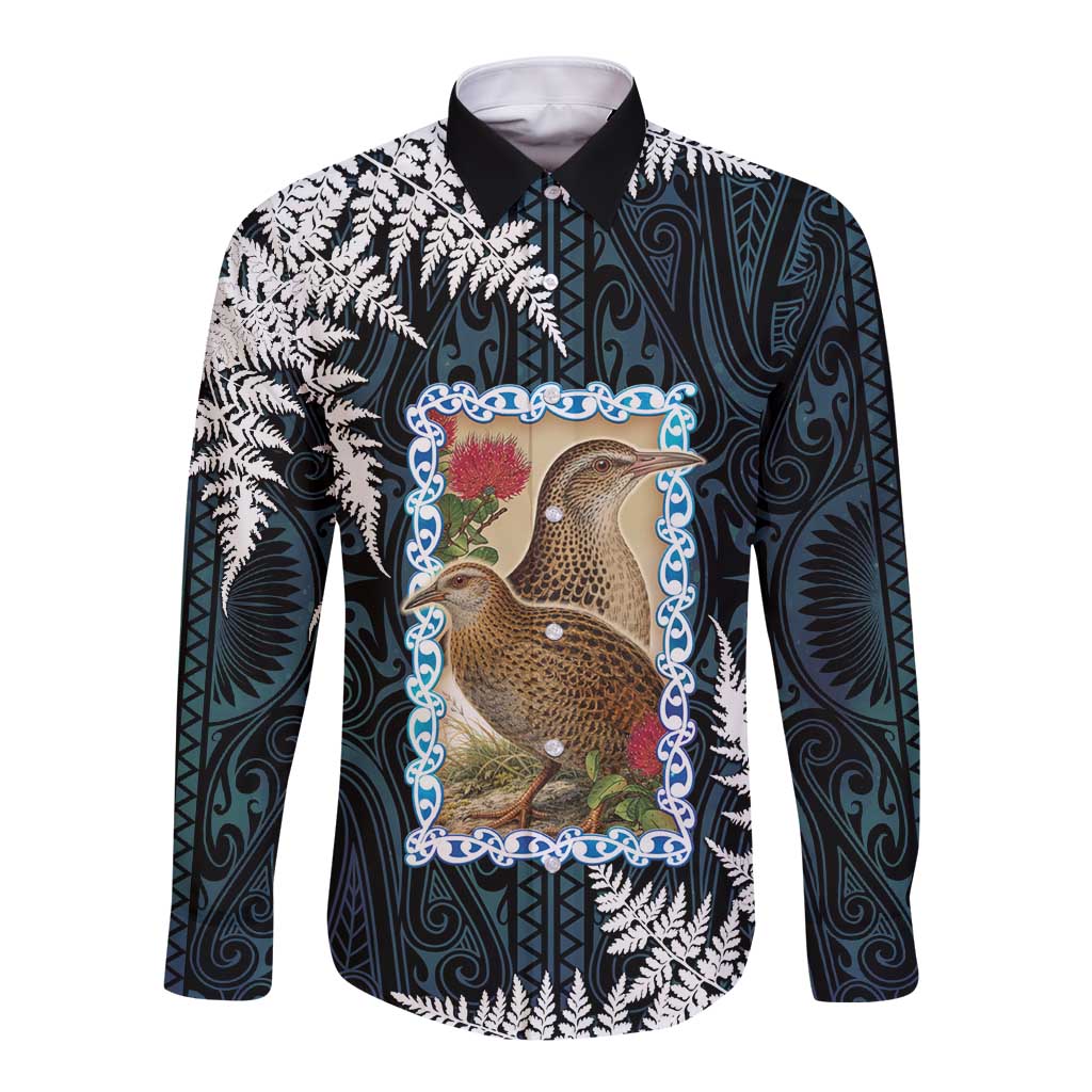 New Zealand Weka Long Sleeve Button Shirt Maori Hen Koru Pattern - Polynesian Pride