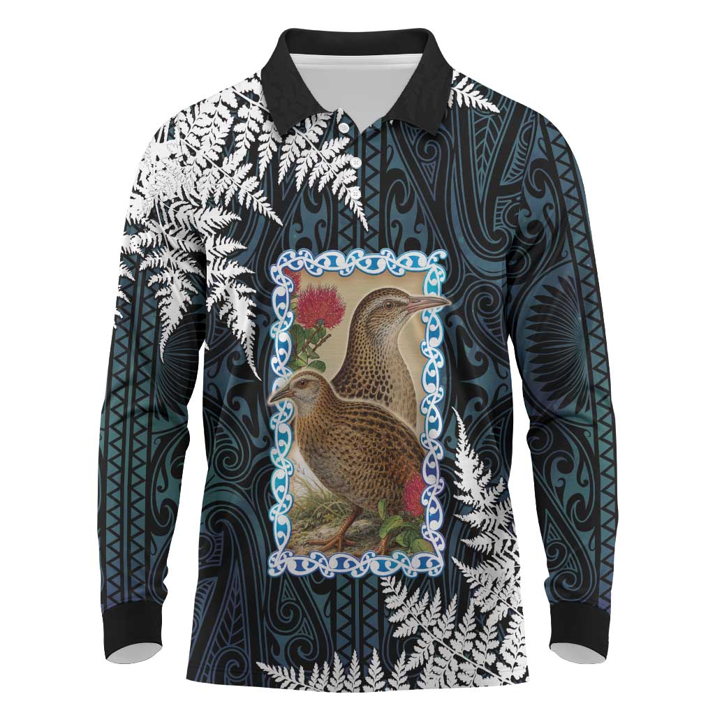 New Zealand Weka Long Sleeve Polo Shirt Maori Hen Koru Pattern - Polynesian Pride