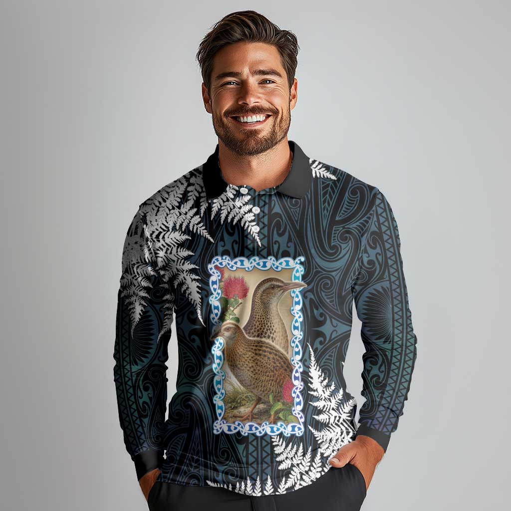 New Zealand Weka Long Sleeve Polo Shirt Maori Hen Koru Pattern - Polynesian Pride