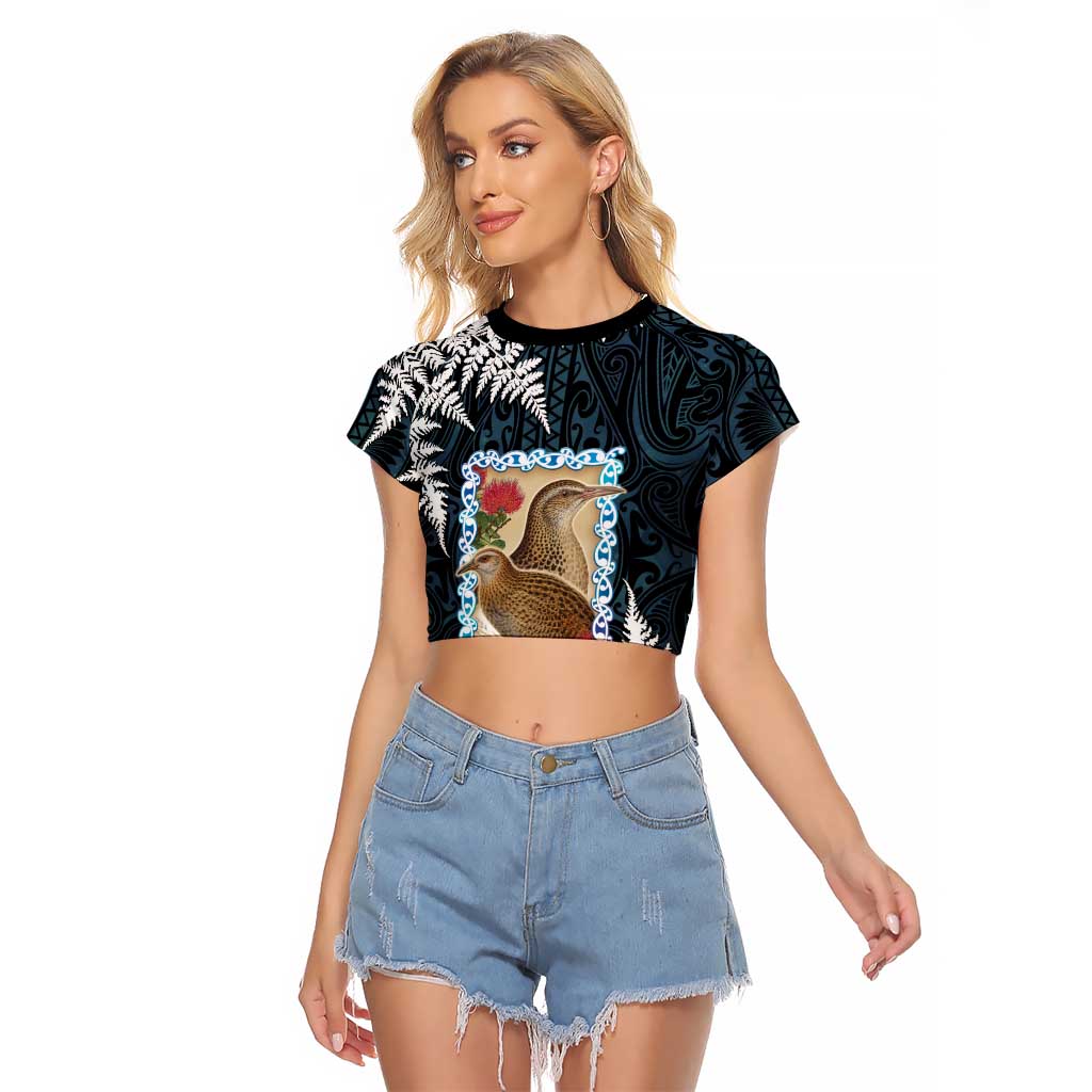 New Zealand Weka Raglan Cropped T Shirt Maori Hen Koru Pattern - Polynesian Pride