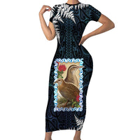 New Zealand Weka Short Sleeve Bodycon Dress Maori Hen Koru Pattern - Polynesian Pride