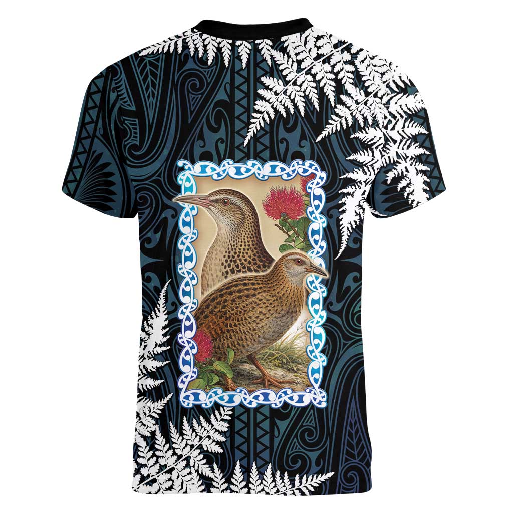 New Zealand Weka Women V-Neck T-Shirt Maori Hen Koru Pattern - Polynesian Pride