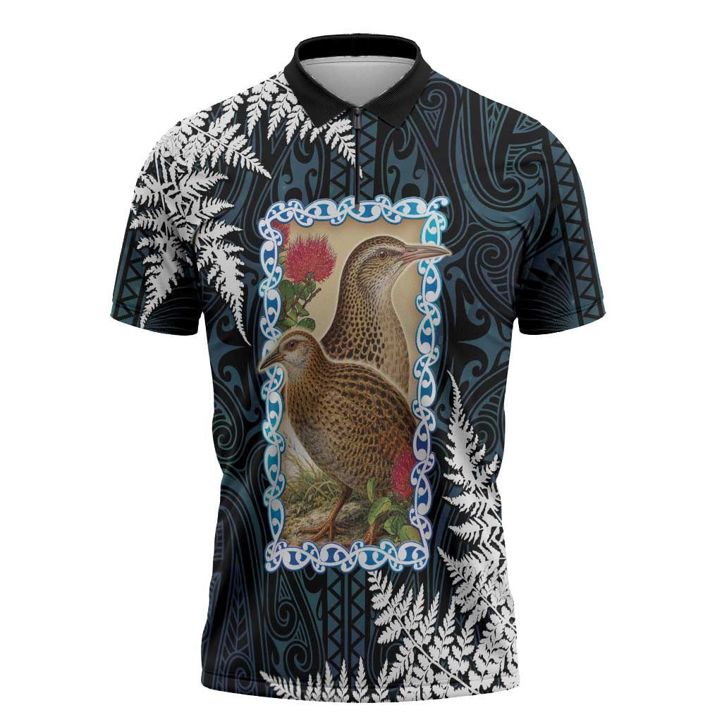 New Zealand Weka Zipper Polo Shirt Maori Hen Koru Pattern - Polynesian Pride