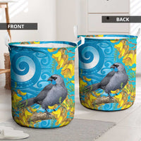 New Zealand Kokako Bird Laundry Basket Maori Koru With Kowhai Flowers - Polynesian Pride