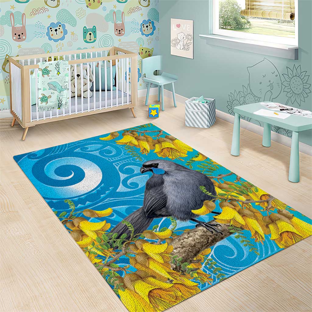 New Zealand Kokako Bird Area Rug Maori Koru With Kowhai Flowers - Polynesian Pride