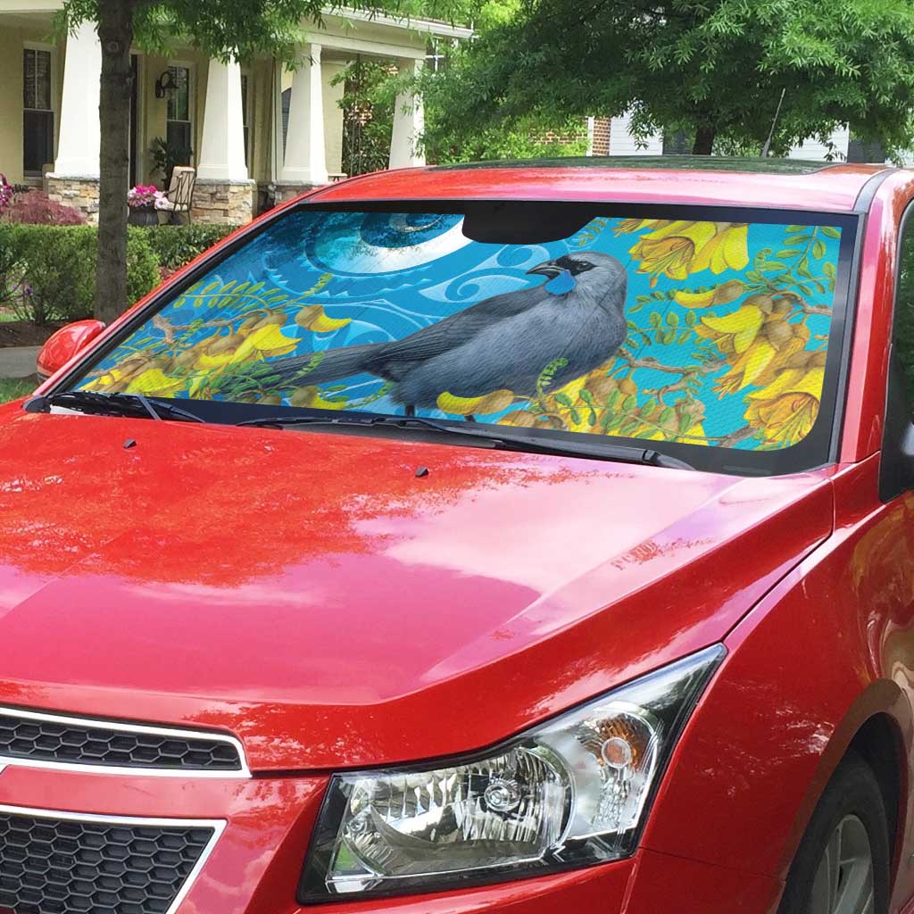 New Zealand Kokako Bird Auto Sun Shade Maori Koru With Kowhai Flowers - Polynesian Pride