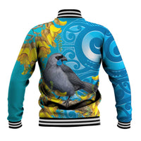 New Zealand Kokako Bird Baseball Jacket Maori Koru With Kowhai Flowers - Polynesian Pride
