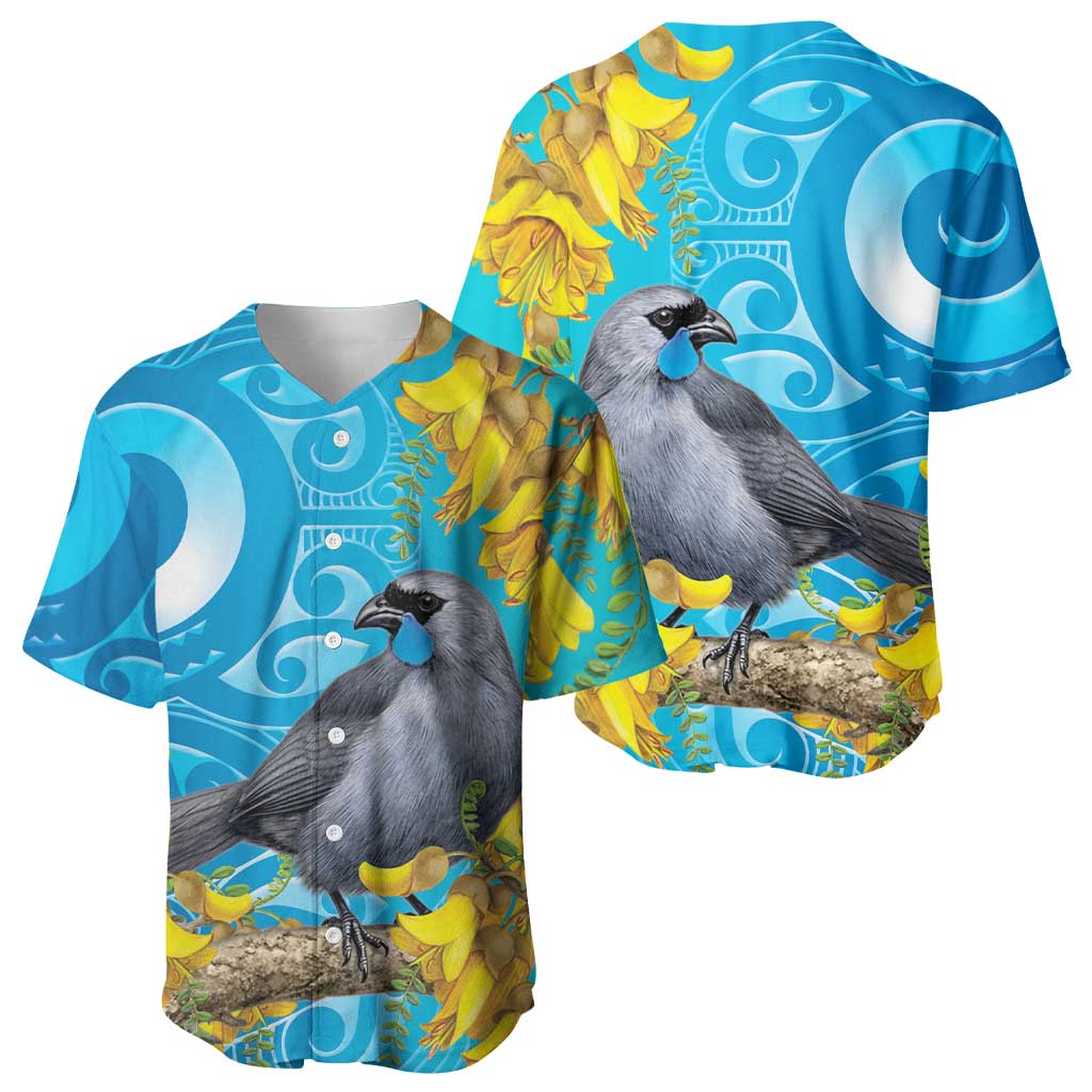 New Zealand Kokako Bird Baseball Jersey Maori Koru With Kowhai Flowers - Polynesian Pride