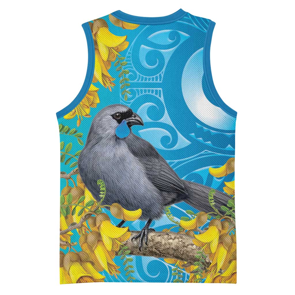 New Zealand Kokako Bird Basketball Jersey Maori Koru With Kowhai Flowers - Polynesian Pride