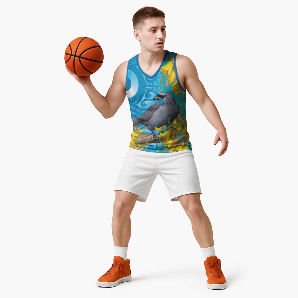 New Zealand Kokako Bird Basketball Jersey Maori Koru With Kowhai Flowers - Polynesian Pride