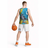 New Zealand Kokako Bird Basketball Jersey Maori Koru With Kowhai Flowers - Polynesian Pride