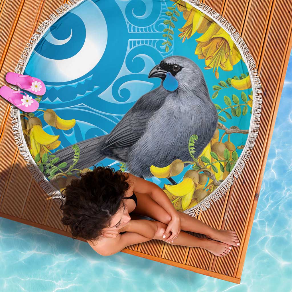 New Zealand Kokako Bird Beach Blanket Maori Koru With Kowhai Flowers - Polynesian Pride