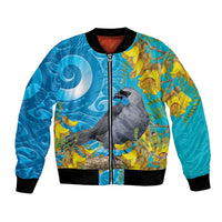 New Zealand Kokako Bird Bomber Jacket Maori Koru With Kowhai Flowers - Polynesian Pride