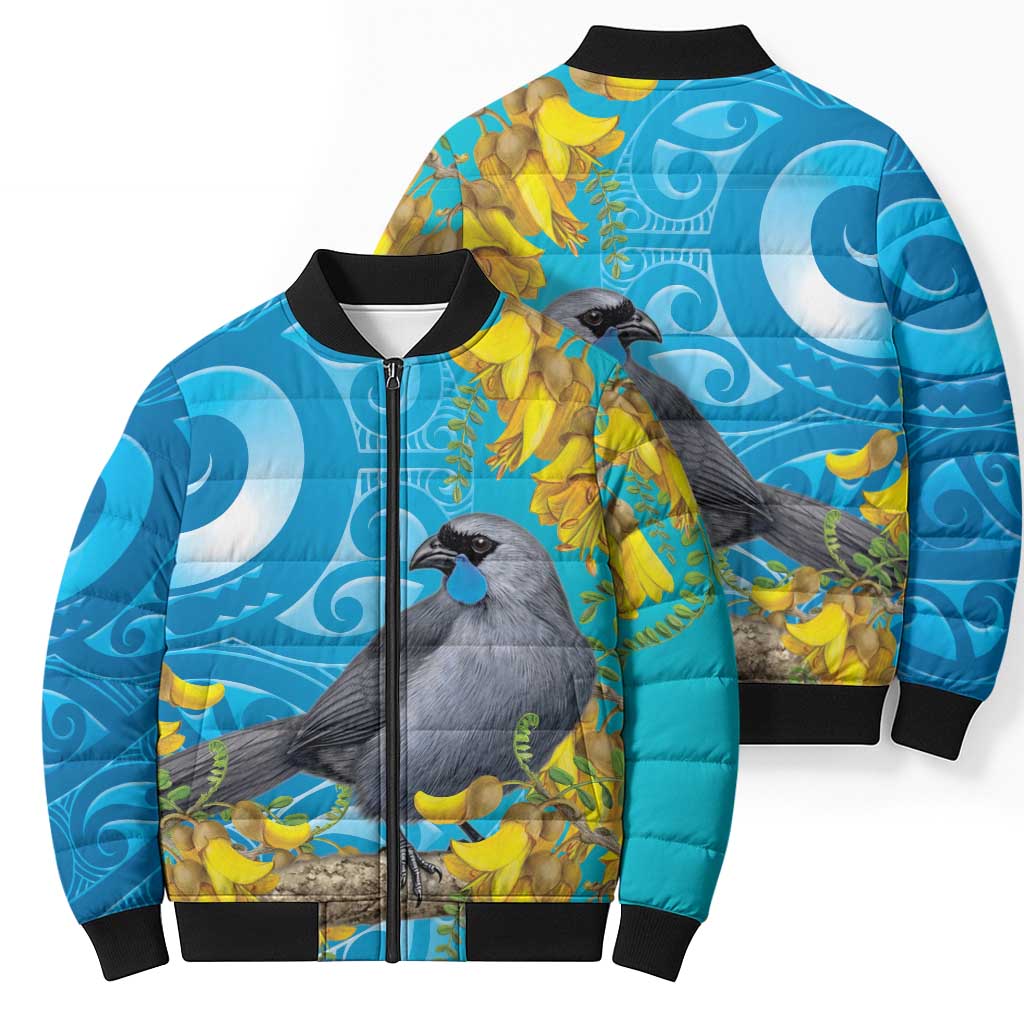 New Zealand Kokako Bird Bomber Puffer Jacket Maori Koru With Kowhai Flowers - Polynesian Pride