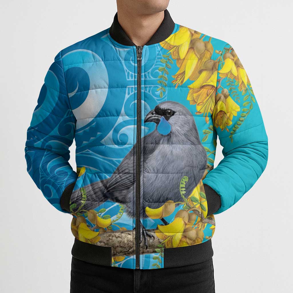 New Zealand Kokako Bird Bomber Puffer Jacket Maori Koru With Kowhai Flowers - Polynesian Pride